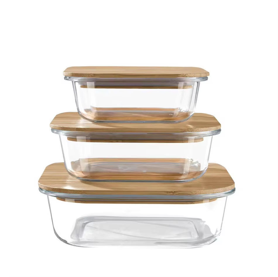 Durable, Glass Box Bamboo Lids, Meal Prep Containers Food Storage, 5 Pack, Pantry Kitchen Fridge Cabinet Organizer
