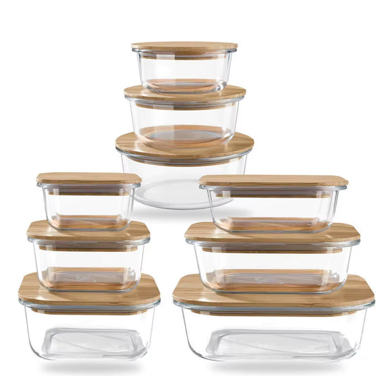 Durable, Glass Box Bamboo Lids, Meal Prep Containers Food Storage, 5 Pack, Pantry Kitchen Fridge Cabinet Organizer