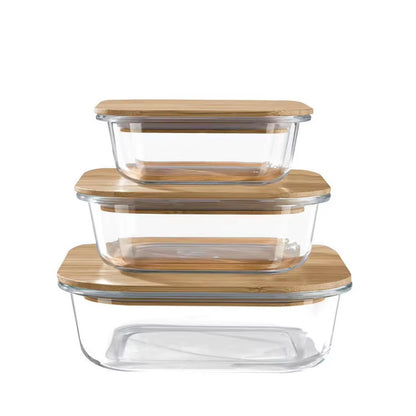 Durable, Glass Box Bamboo Lids, Meal Prep Containers Food Storage, 5 Pack, Pantry Kitchen Fridge Cabinet Organizer
