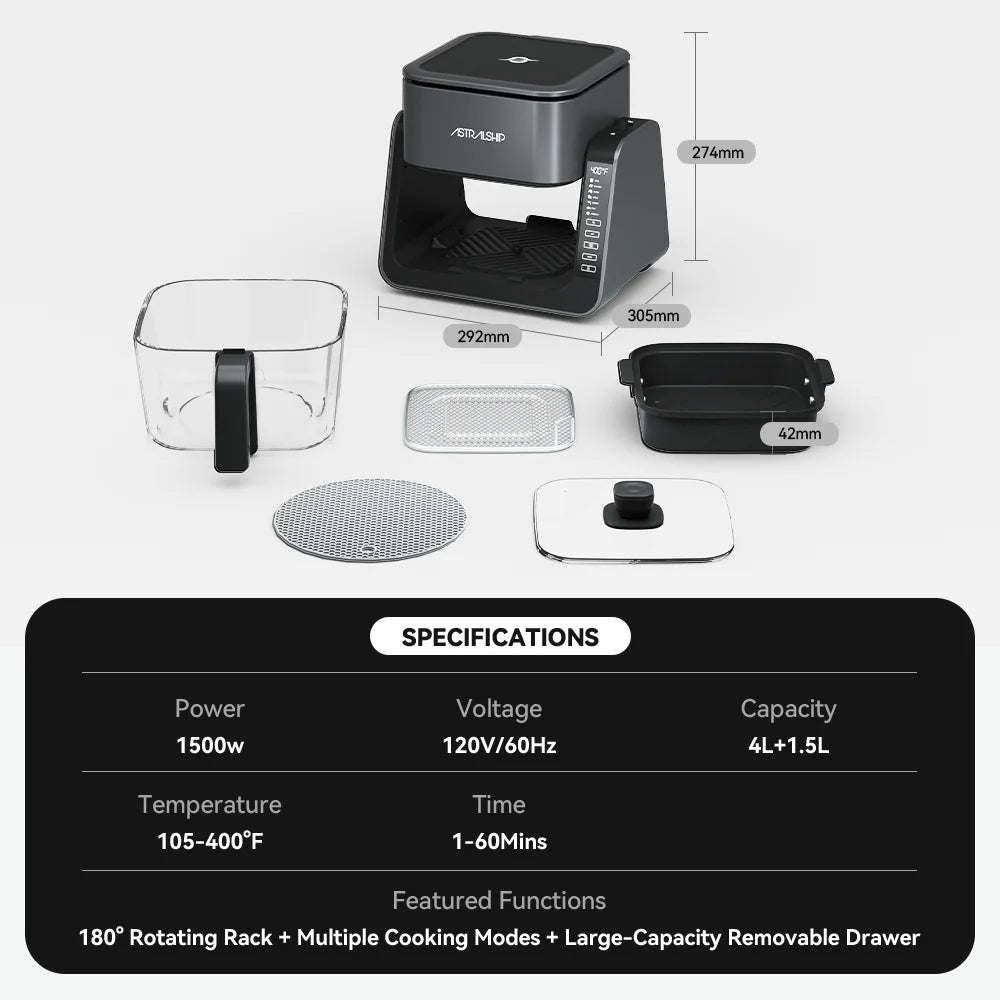 2-In-1 Glass Air Fryer & Grill Pan Combo, 12 Presets, Glass Container with Lid, 4.2 QT+1.3 QT Capacity, Visible Window