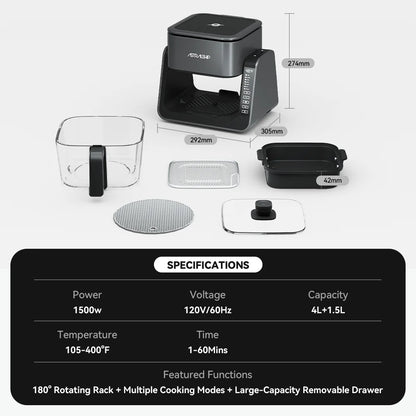 2-In-1 Glass Air Fryer & Grill Pan Combo, 12 Presets, Glass Container with Lid, 4.2 QT+1.3 QT Capacity, Visible Window