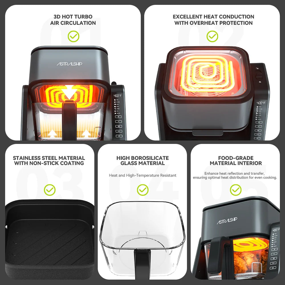 2-In-1 Glass Air Fryer & Grill Pan Combo, 12 Presets, Glass Container with Lid, 4.2 QT+1.3 QT Capacity, Visible Window
