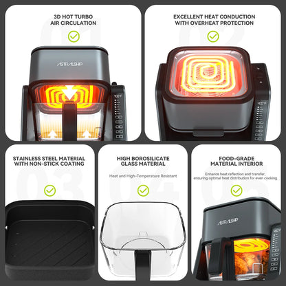 2-In-1 Glass Air Fryer & Grill Pan Combo, 12 Presets, Glass Container with Lid, 4.2 QT+1.3 QT Capacity, Visible Window