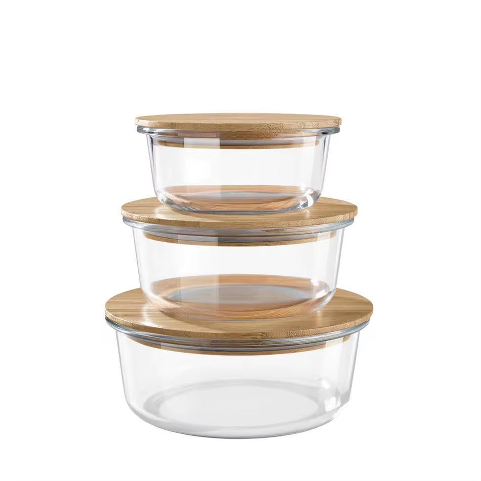 Durable, Glass Box Bamboo Lids, Meal Prep Containers Food Storage, 5 Pack, Pantry Kitchen Fridge Cabinet Organizer