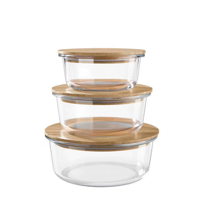 Durable, Glass Box Bamboo Lids, Meal Prep Containers Food Storage, 5 Pack, Pantry Kitchen Fridge Cabinet Organizer
