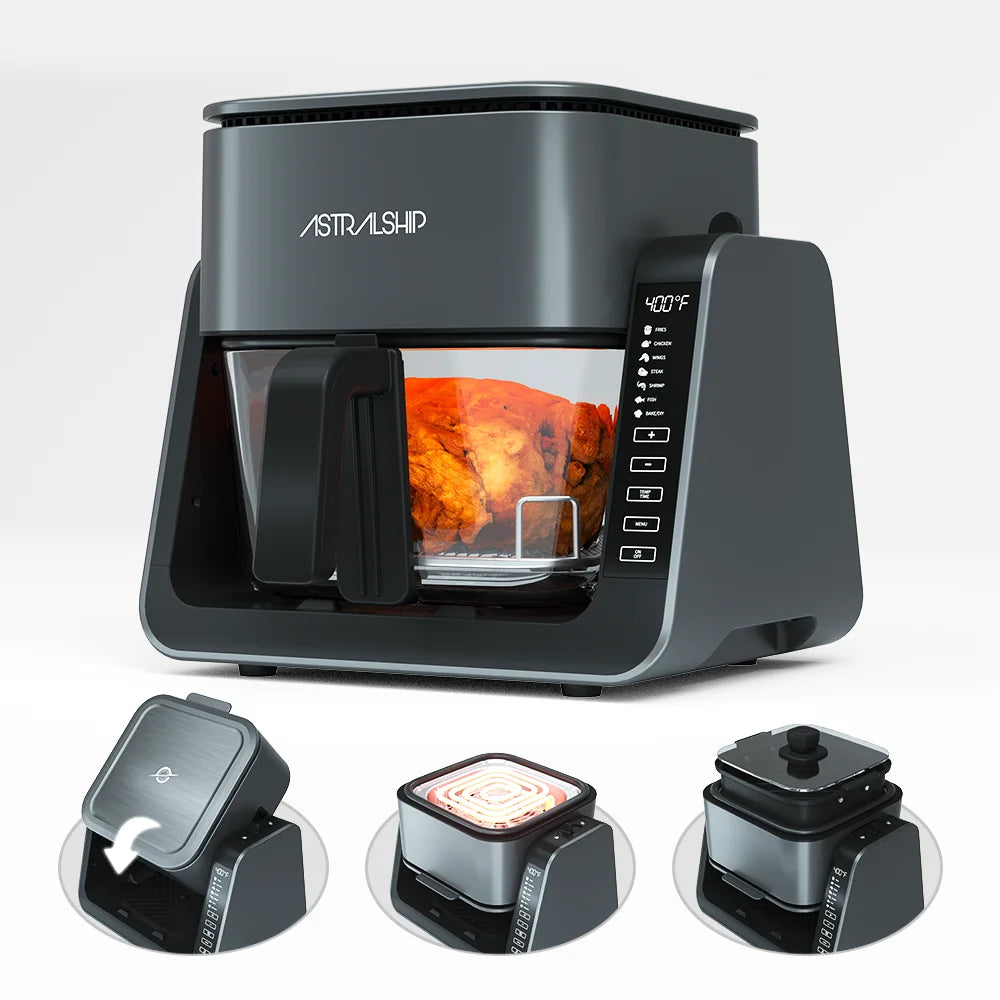 2-In-1 Glass Air Fryer & Grill Pan Combo, 12 Presets, Glass Container with Lid, 4.2 QT+1.3 QT Capacity, Visible Window