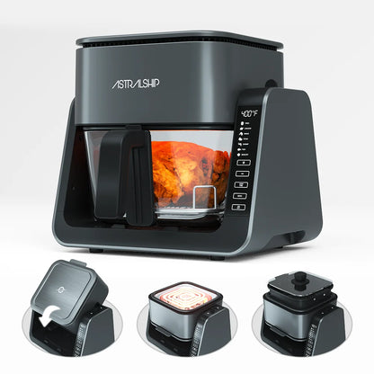 2-In-1 Glass Air Fryer & Grill Pan Combo, 12 Presets, Glass Container with Lid, 4.2 QT+1.3 QT Capacity, Visible Window