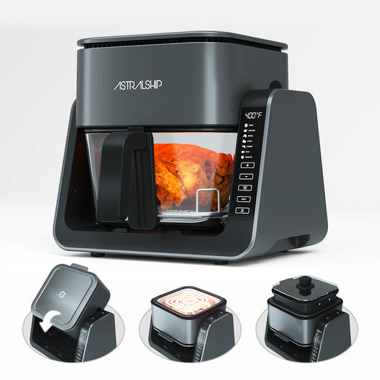 2-In-1 Glass Air Fryer & Grill Pan Combo, 12 Presets, Glass Container with Lid, 4.2 QT+1.3 QT Capacity, Visible Window