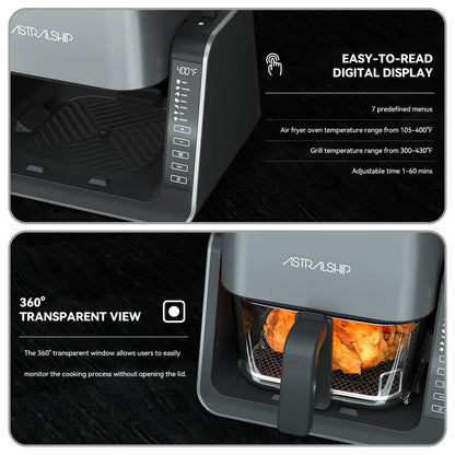 2-In-1 Glass Air Fryer & Grill Pan Combo, 12 Presets, Glass Container with Lid, 4.2 QT+1.3 QT Capacity, Visible Window