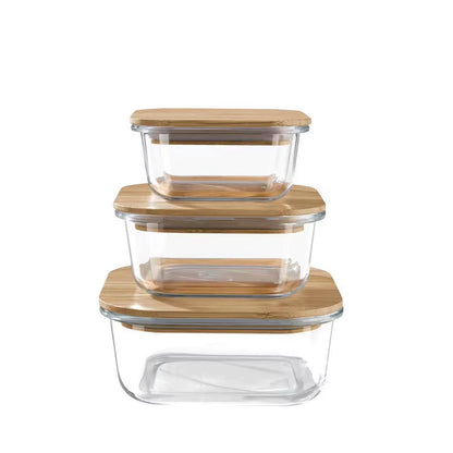 Durable, Glass Box Bamboo Lids, Meal Prep Containers Food Storage, 5 Pack, Pantry Kitchen Fridge Cabinet Organizer