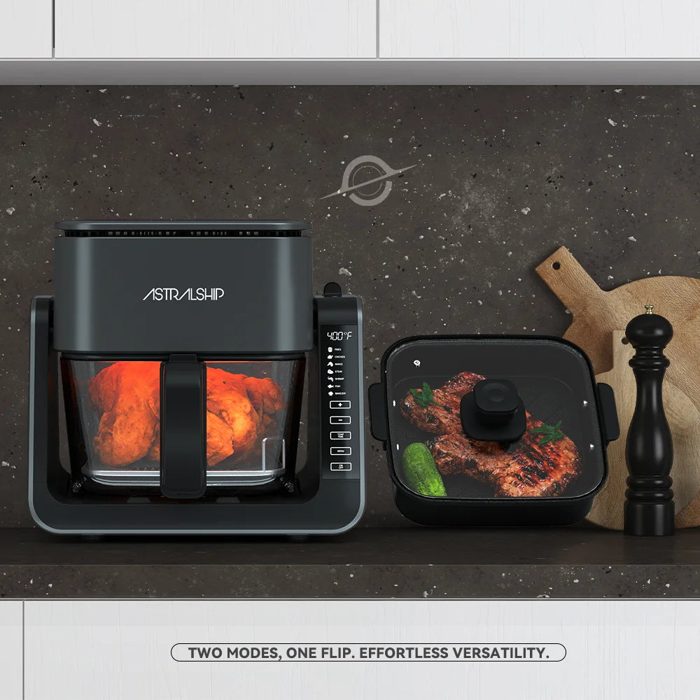 2-In-1 Glass Air Fryer & Grill Pan Combo, 12 Presets, Glass Container with Lid, 4.2 QT+1.3 QT Capacity, Visible Window