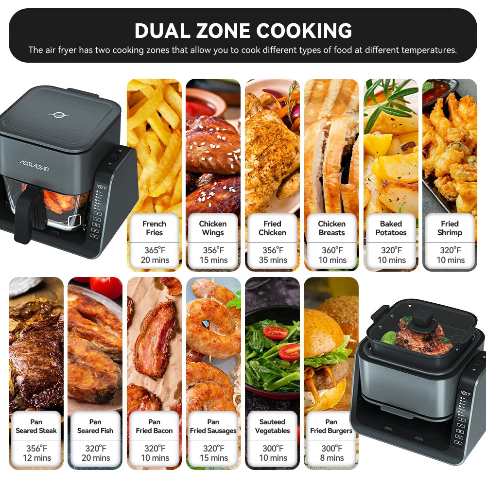 2-In-1 Glass Air Fryer & Grill Pan Combo, 12 Presets, Glass Container with Lid, 4.2 QT+1.3 QT Capacity, Visible Window